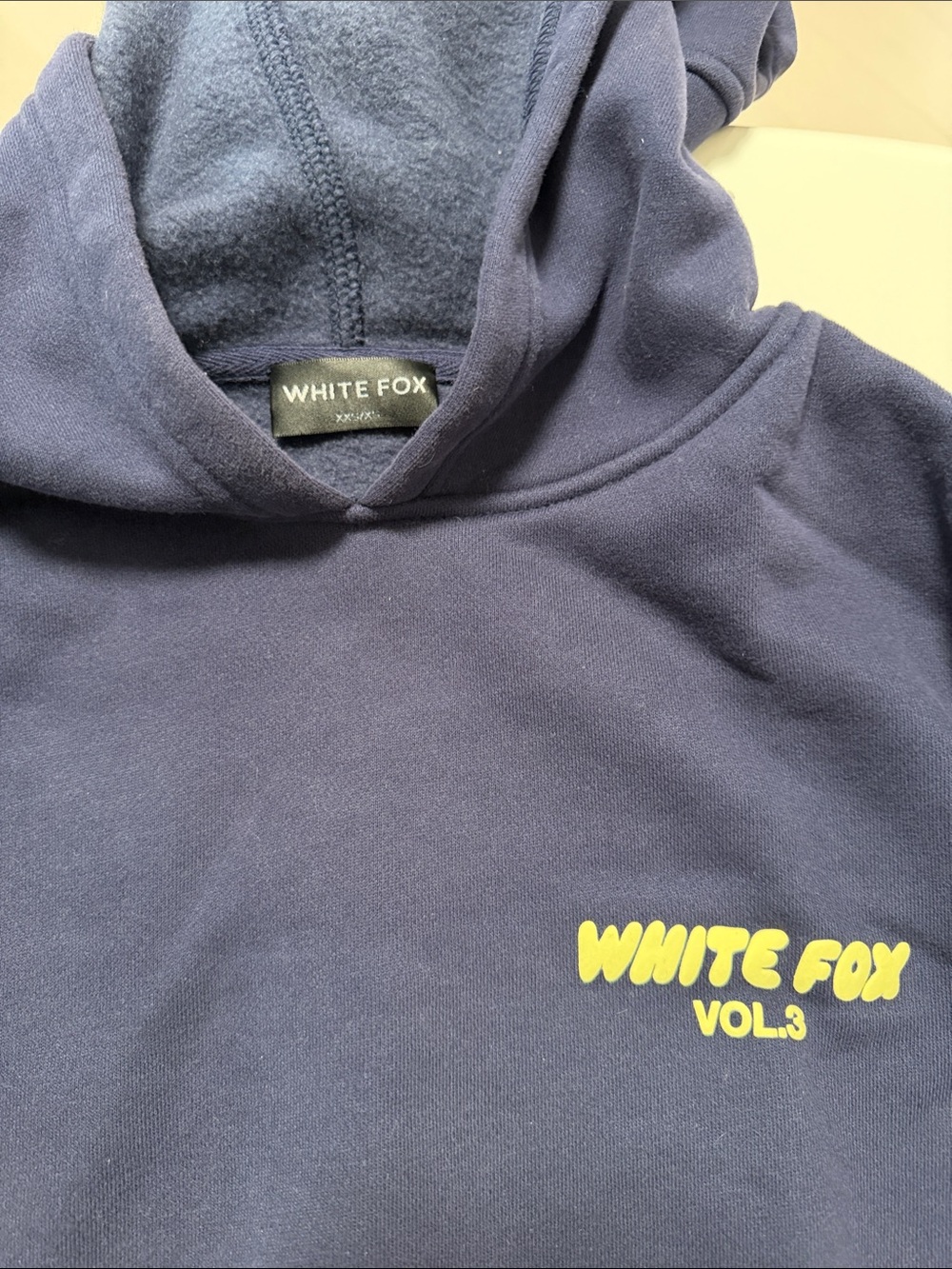 White Fox Boutique Navy Hoodie with Yellow Logo